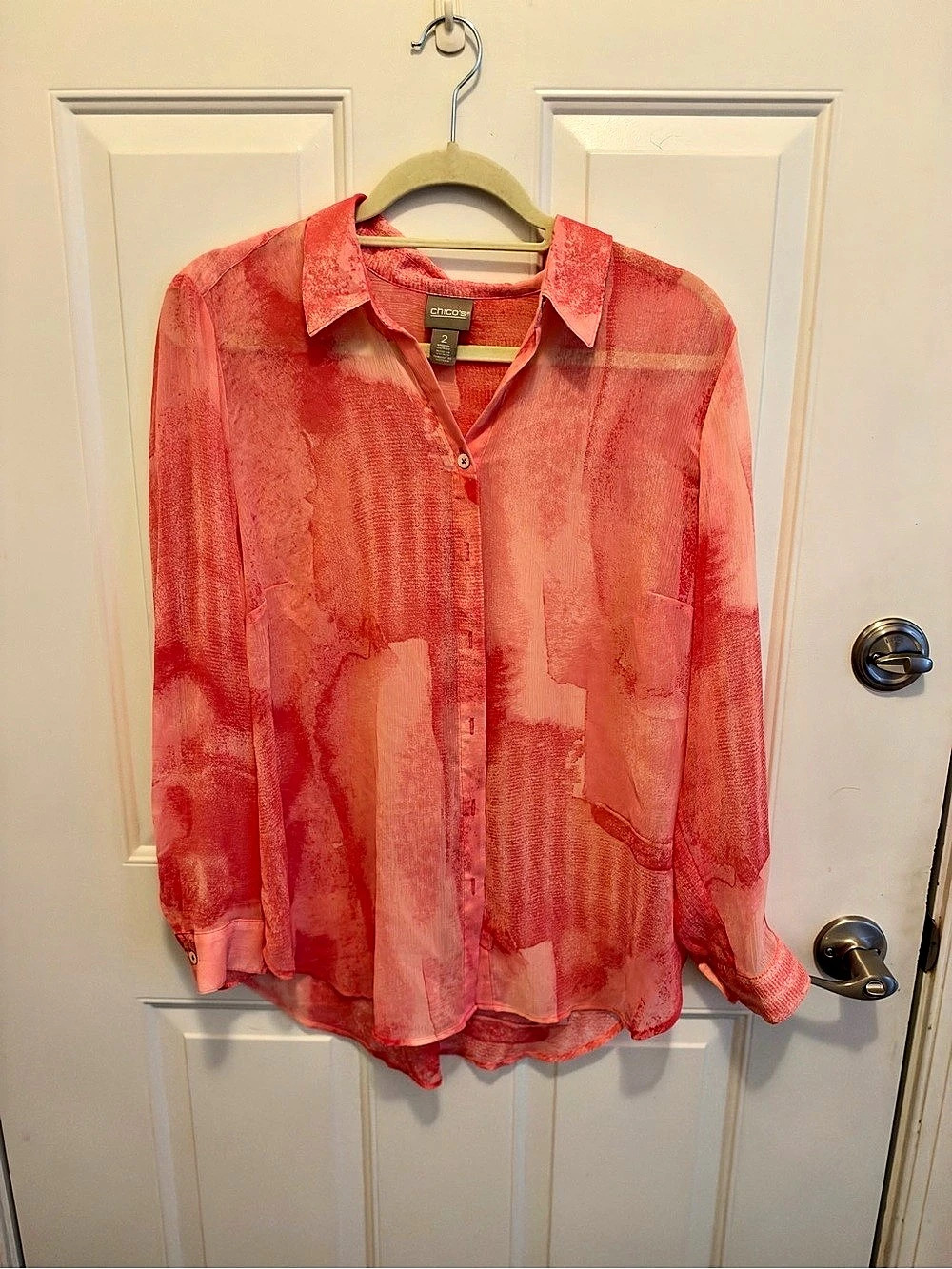 Chico's Abstract Button Front Blouse in Pink Size 2